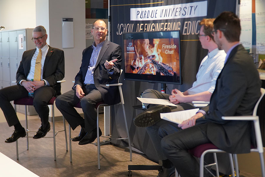 Purdue School of Engineering Education hosted a fireside chat with 2026 Outstanding Alumni Award recipients Christopher Somogyi and Richard Gemeinhart .
